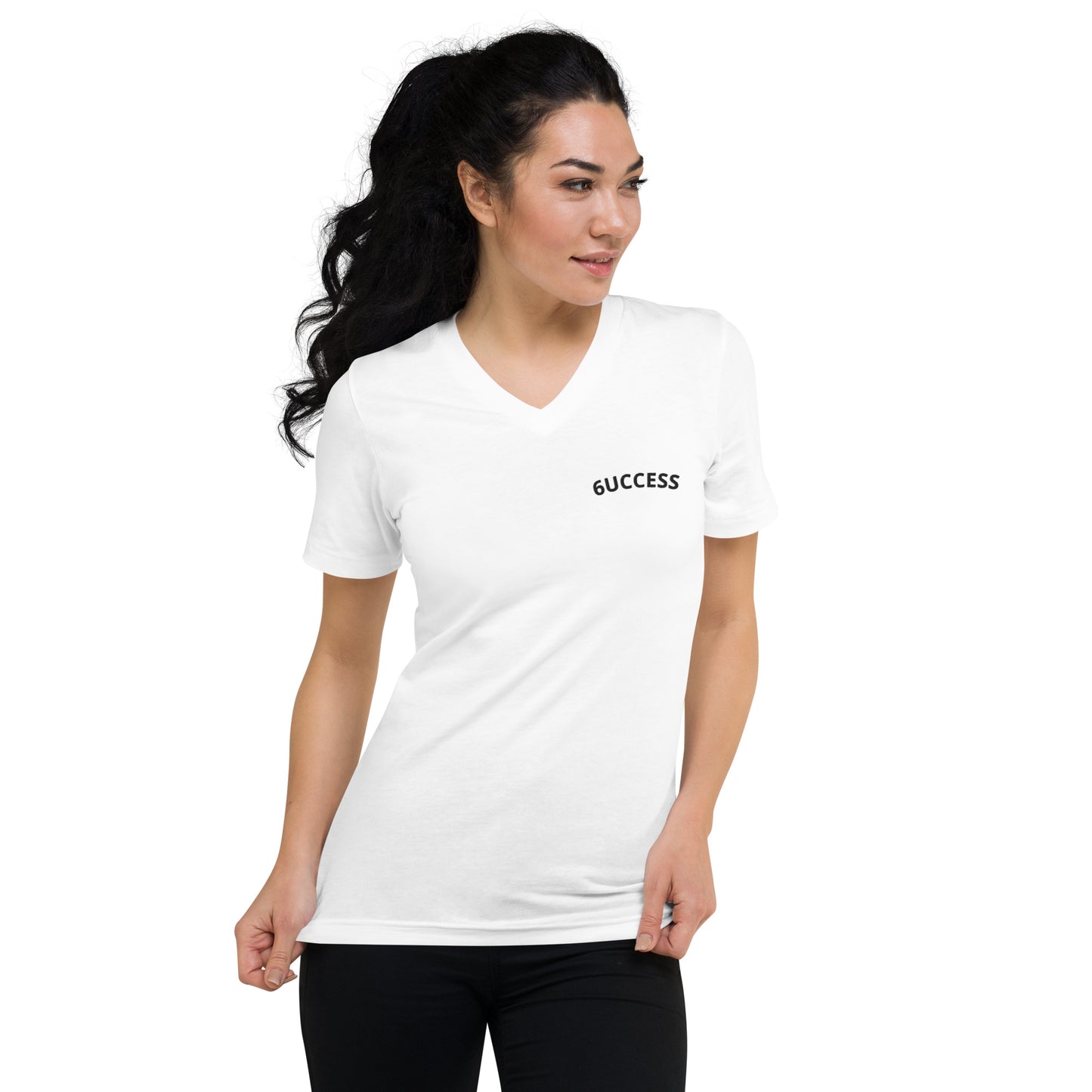 6UCCESS Short Sleeve V-Neck T-Shirt w/ Black Embroidered Unisex