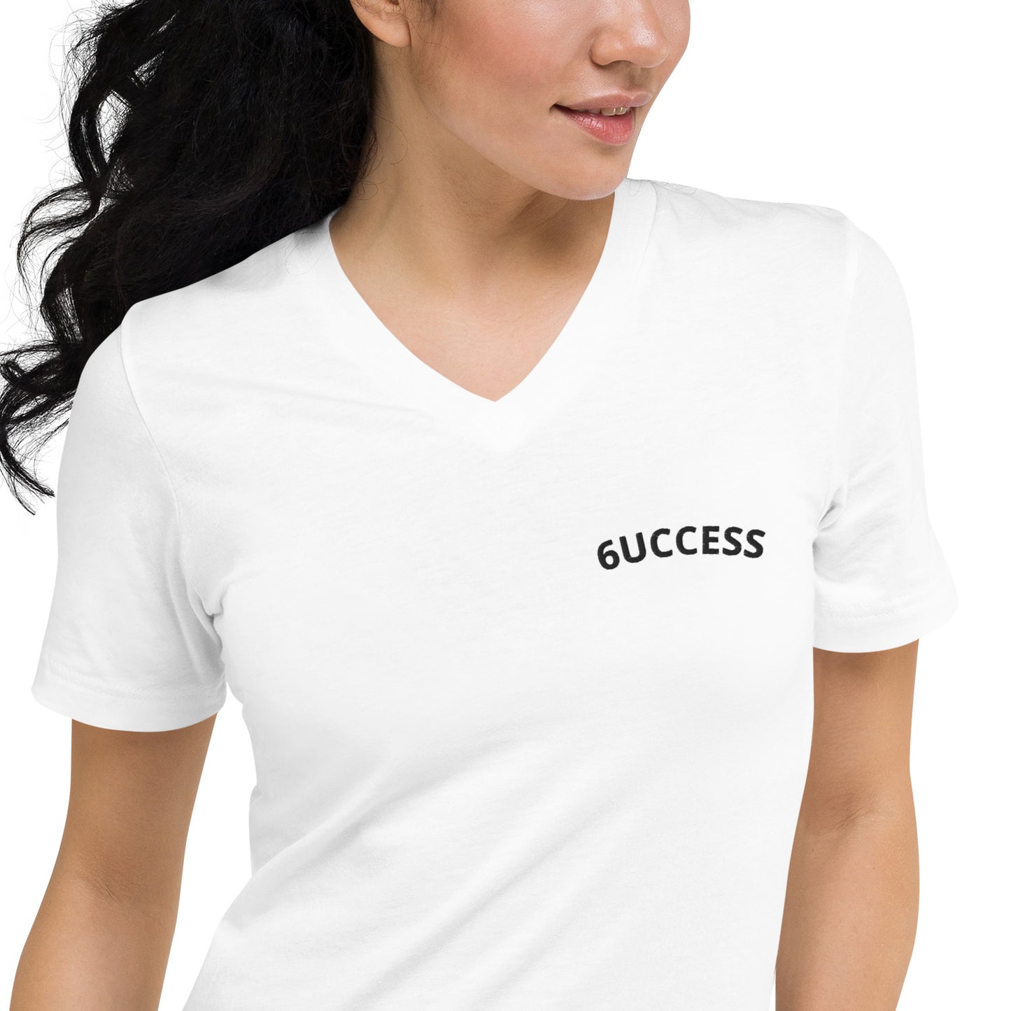 6UCCESS Short Sleeve V-Neck T-Shirt w/ Black Embroidered Unisex