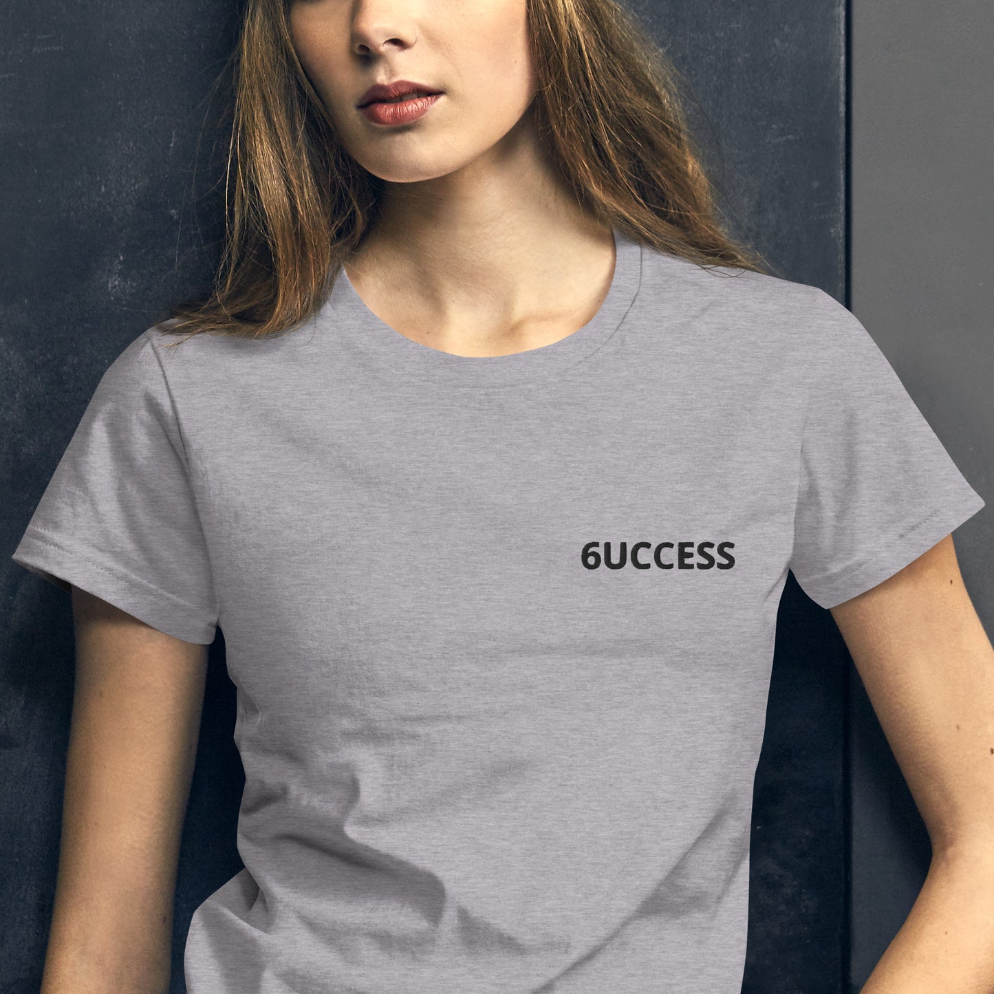 6UCCESS Women's Short Sleeve T-Shirt w/Black Embroidered (left)
