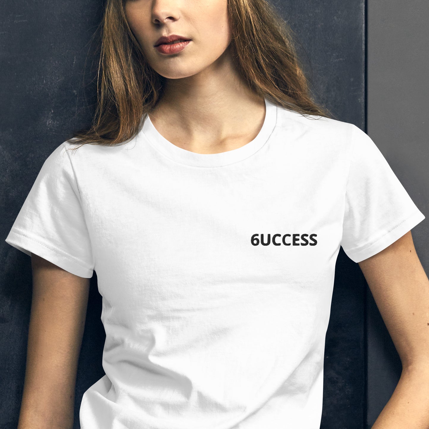6UCCESS Women's Short Sleeve T-Shirt w/Black Embroidered (left)